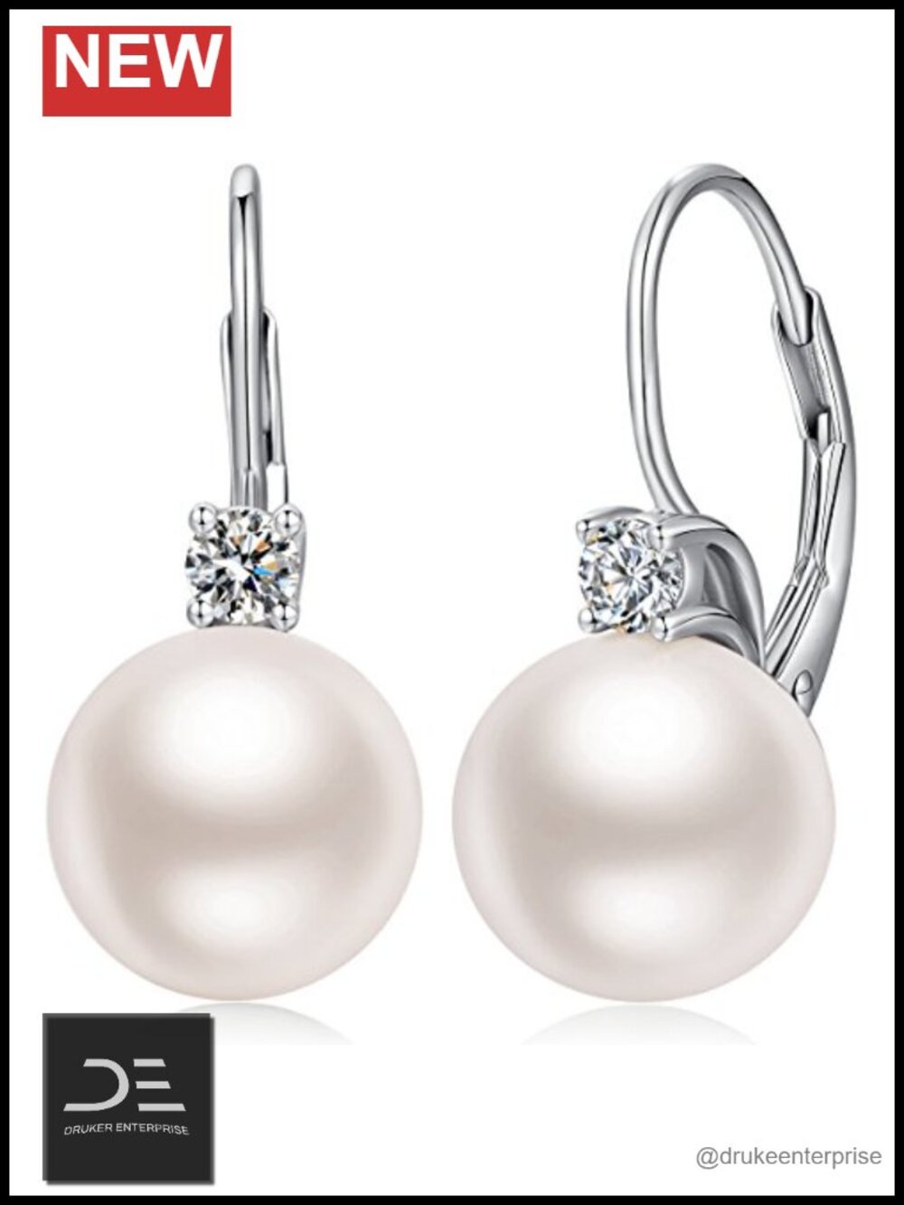 925 Sterling Silver Pearl Leverback Earrings Women CZ Drop Dangle Jewelry 10mm
